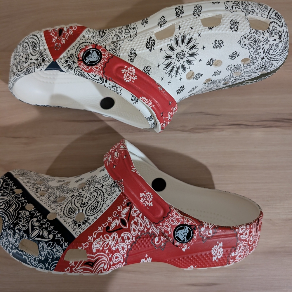 CROCS Red, Black, and White Patterned Flats